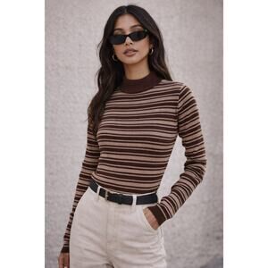 The Slope Ribbed Mock Neck Sweater Brown & Tan Striped | Size Small | EUC